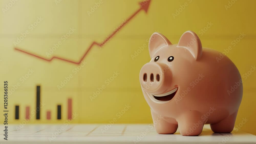 Poster piggy bank representing savings and investments stands on a table with a positive growth chart in th