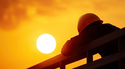 Silhouette of a worker in a helmet against a vibrant sunset background.