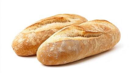 Naklejka premium Two freshly baked loaves of bread are displayed on a clean white surface, showcasing their golden crust and appetizing appearance.