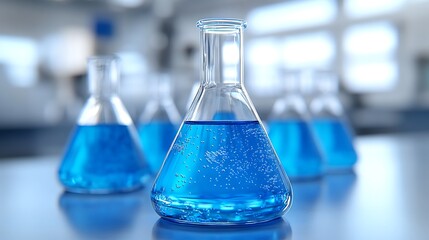 A close up of glass beakers filled with clear blue liquid