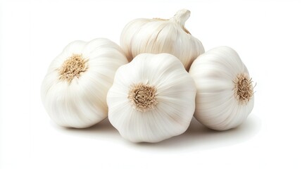 Fototapeta premium Fresh garlic cloves displayed on a clean white background, accompanied by several whole garlic heads, highlighting their natural textures and colors.