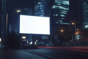 Blank billboard at night in a city with modern buildings