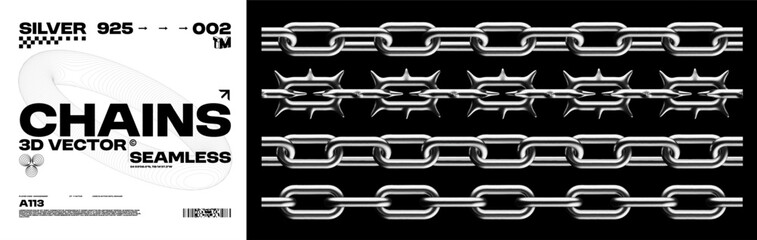 Realistic metallic 3D silver chains seamless. Vector set