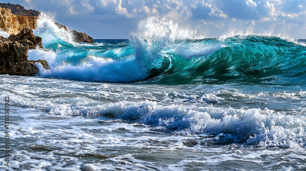 Poster Ocean waves cresting and flowing gently along the shoreline seaside nature scene tranquil environment close-up view