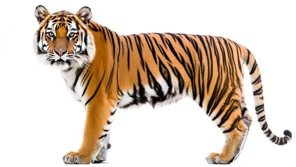 Obraz premium Majestic Bengal Tiger in High-Resolution on White Background: Wildlife Photography for Conservation, Education, and Nature Art Projects