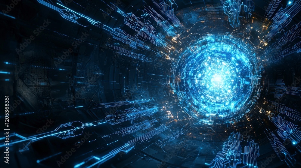 Poster Electric blue circuit lines digital realm abstract art sci-fi environment dynamic viewpoint futuristic concept