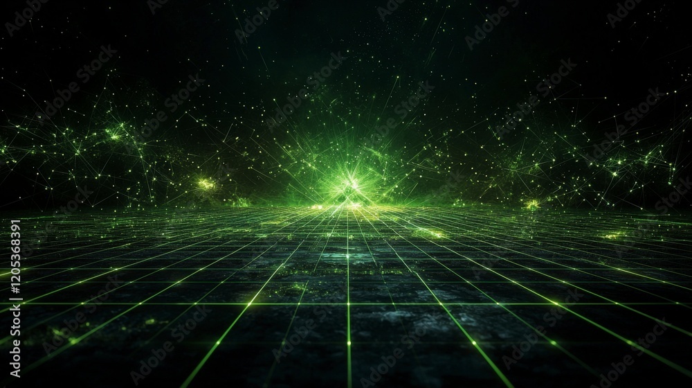 Aufkleber Neon green grid pattern creating a glowing digital landscape abstract environment futuristic concept captivating viewpoint