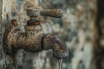 A weathered and corroded faucet with water droplets forming and dripping from its spout.