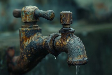 A weathered and corroded faucet with water droplets forming and dripping from its spout.