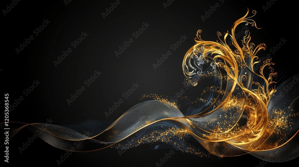 Poster Golden wave shapes flowing elegantly in a stark environment abstract artwork dynamic composition artistic viewpoint