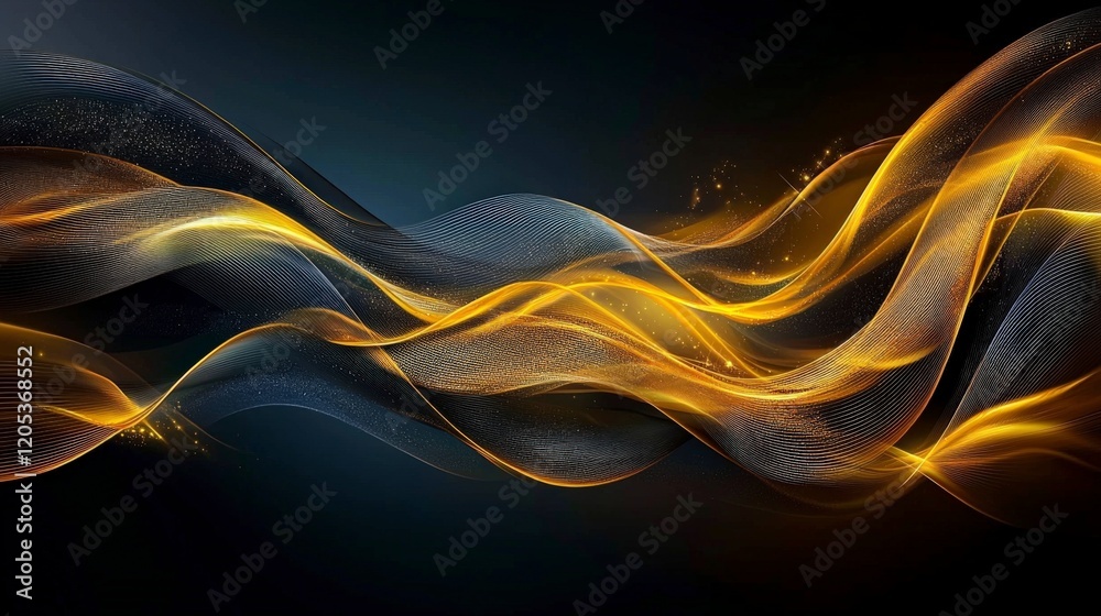 Poster Golden wavelike lines on a deep black canvas creating an abstract art experience digital artwork modern design