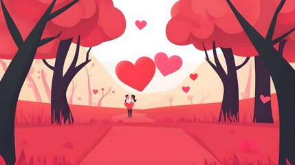 Romantic couple amidst heart-shaped trees and floating hearts.