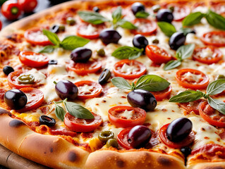Delicious pizza with tomatoes olives and basil