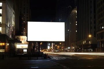 Blank billboard at night in a city with modern buildings