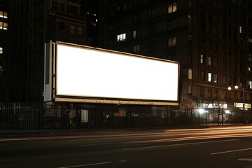 Blank billboard at night in a city with modern buildings