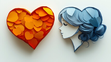 Colorful paper art featuring a heart shape and a woman’s profile in a creative display