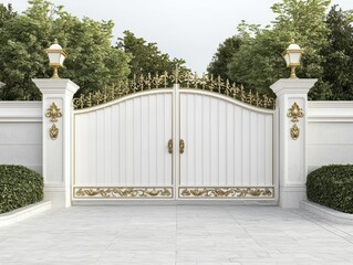 Gate Iron Elegant white gate with gold accents and greenery.