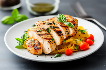 Spaghetti squash with homemade tomato basil sauce and grilled chicken slices. clean salad, Healthy food, Superfoods, and Nutrition.