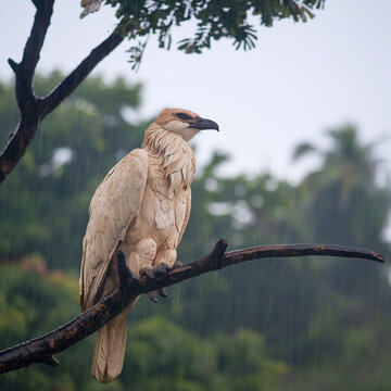 A photo of a Roc (Rukh) bird soaring majestically over a vast desert landscape under a forest raining tree, showcasing its mythical grandeur and immense wingspan
