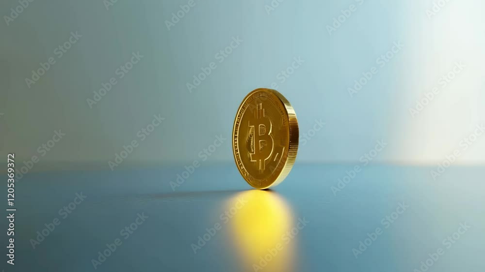 Poster physical bitcoin balancing on its edge on a reflective surface, symbolizing the volatility and poten