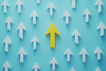 Yellow arrow leading forward among white arrows on blue background  symbol of direction in life