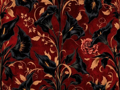 Fototapeta Whimsigothic style fabric design with black blossoms and red roses for textiles