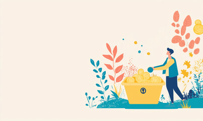 A colorful illustration of a person interacting with a large bowl and vibrant plants around them.