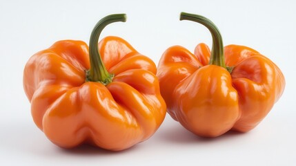 Two vibrant orange peppers rest on a clean white surface, showcasing their glossy skin and fresh appearance, ideal for culinary use or decoration.