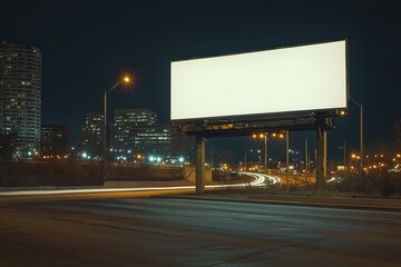 Empty billboard at night overlooking a city skyline