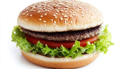A detailed close-up of a delicious hamburger showcasing fresh lettuce, ripe tomato, and melted cheese.