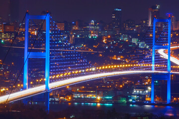 15 July Martyrs Bridge (15 Temmuz Sehitler Koprusu) Night Lights Drone Photo, Beylerbeyi Uskudar, Istanbul Turkiye (Turkey)