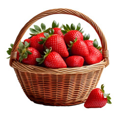 Wicker basket overflowing with fresh strawberries on transparent background