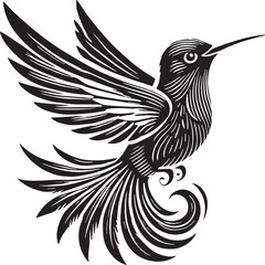 Black Color Hummingbird Silhouette Vector Illustration, Solid White Background. minimal vector design