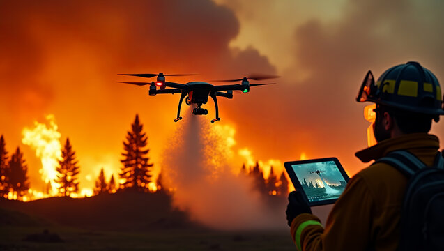 Drone firefighting operation during a wildfire. Firefighter monitors the aerial view of wildfire using tablet - Powered by Adobe