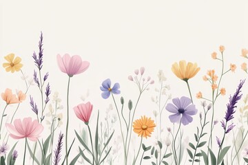 Charming collection of illustrated wildflowers and leaves in soft pastel hues on white canvas