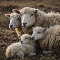 A mother sheep and twin lambs nestled together.