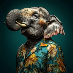 Obraz premium Happy Elephant in Hawaiian Shirt Tropical Animal Portrait Wildlife Photography