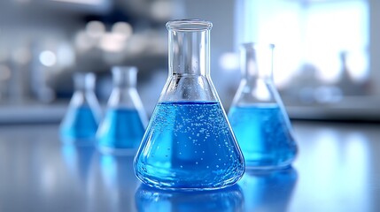 A close up of glass beakers filled with clear blue liquid