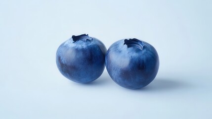 Two fresh blueberries are placed on a clean white surface, showcasing their vibrant color and natural texture.
