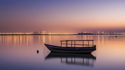 Fototapeta premium Serene Floating Boat on Quiet Waters of Ajman at Dusk
