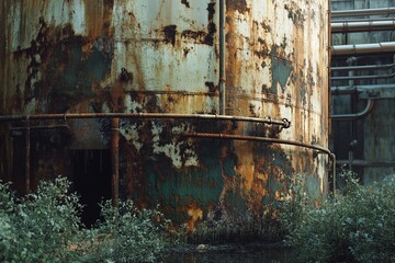 A large, rust-covered water tank stands in an industrial setting, with a pipe protruding from it and water dripping steadily
