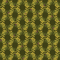 Vector, seamless, geometric, simple, abstract hand drawn green twig leaf and blue, burgundy berries pattern, suitable for digital, print, and interior design.