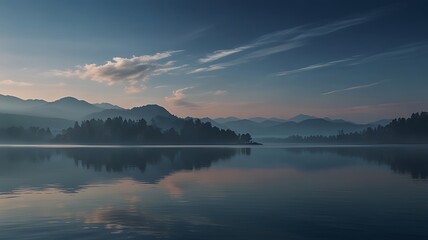 Fototapeta premium Serene landscape at dawn with mountains, trees, and calm water reflecting the sky.