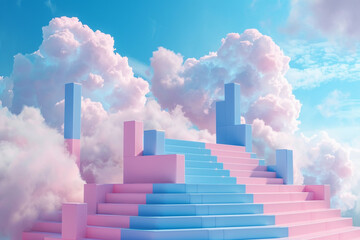 Fototapeta premium 3D Abstract Podium with Clouds in Pink and Blue Pastel Tones