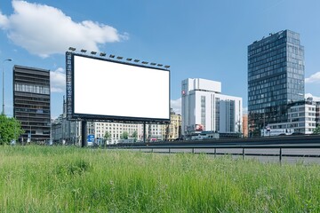 Obraz premium Blank billboard in a bustling city skyline, perfect for advertisement mockups