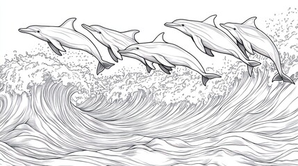 Five dolphins leaping above a crashing wave in a detailed line drawing design