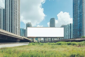 Obraz premium Blank billboard in a bustling city skyline, perfect for advertisement mockups
