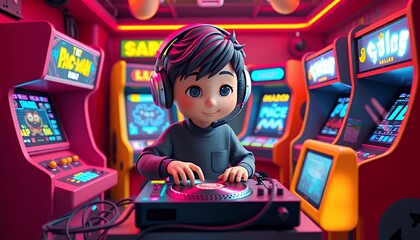 Fototapeta premium A young gamer joyfully mixes music amidst vibrant retro arcade machines, bathed in neon glow. This cheerful 3D-rendered illustration captures the energetic fusion of classic gaming and modern music cu