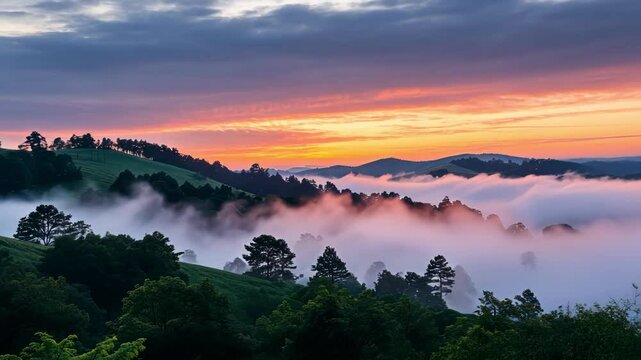 Stunning sunset over misty hills with vibrant colors, highlighting tranquility and natural beauty in a serene landscape setting
