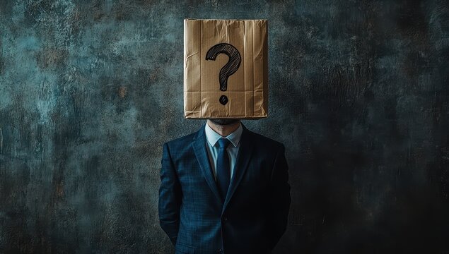 Humorous take on corporate life with a businessman wearing a paper bag